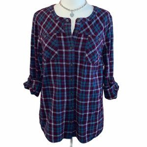 Duluth Burgundy Teal Collarless Flannel
